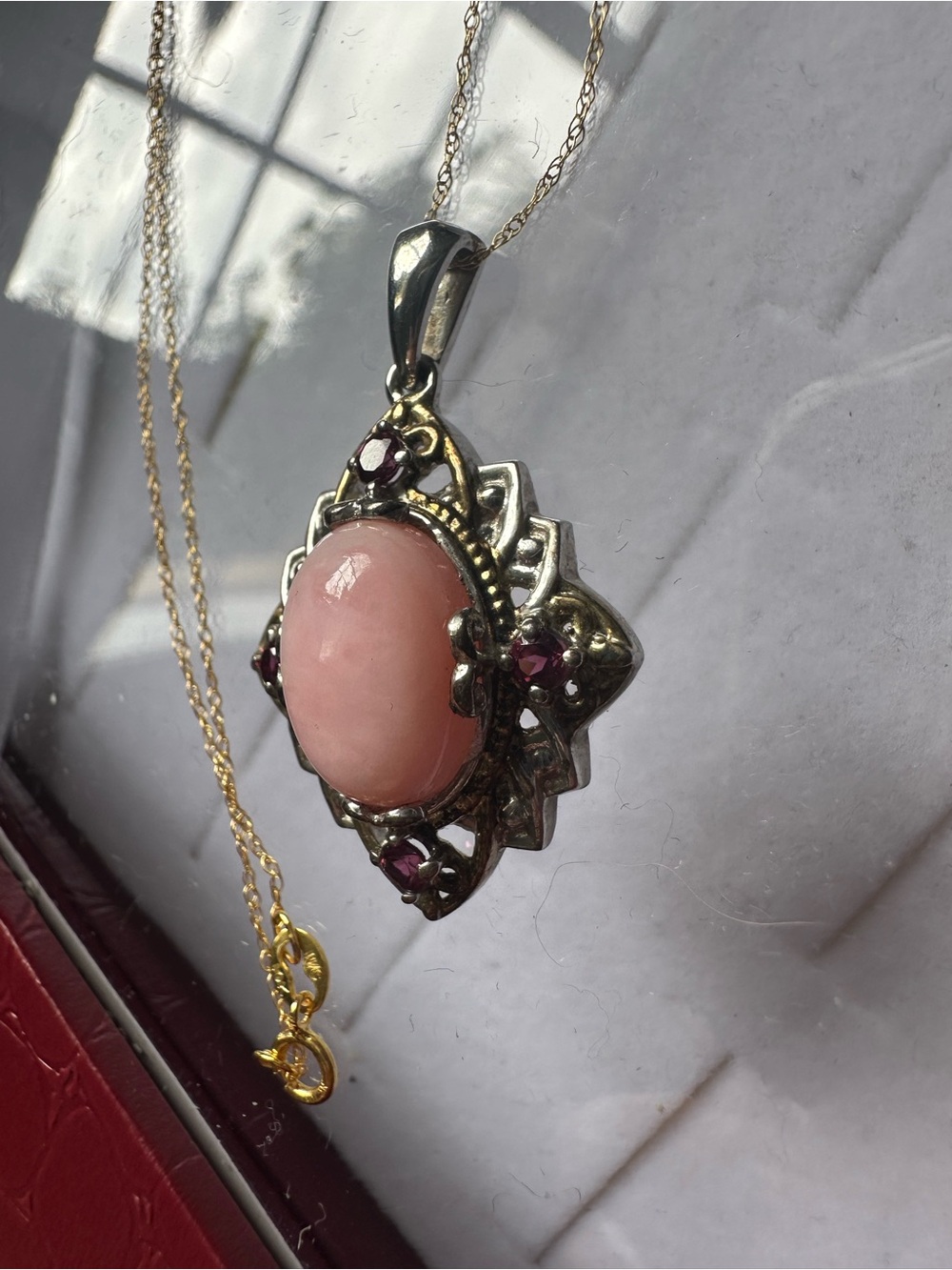 Pink Conch Shell Rhodolite Pendant Necklace with Garnet Accents 10k chain